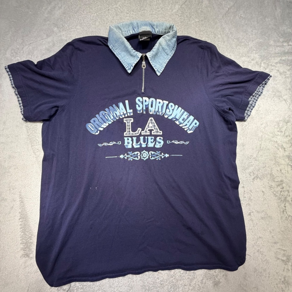 Vintage‎ LA Blues Navy Graphic Polo Shirt Denim Collar Plaid Trim XL Cotton 90s